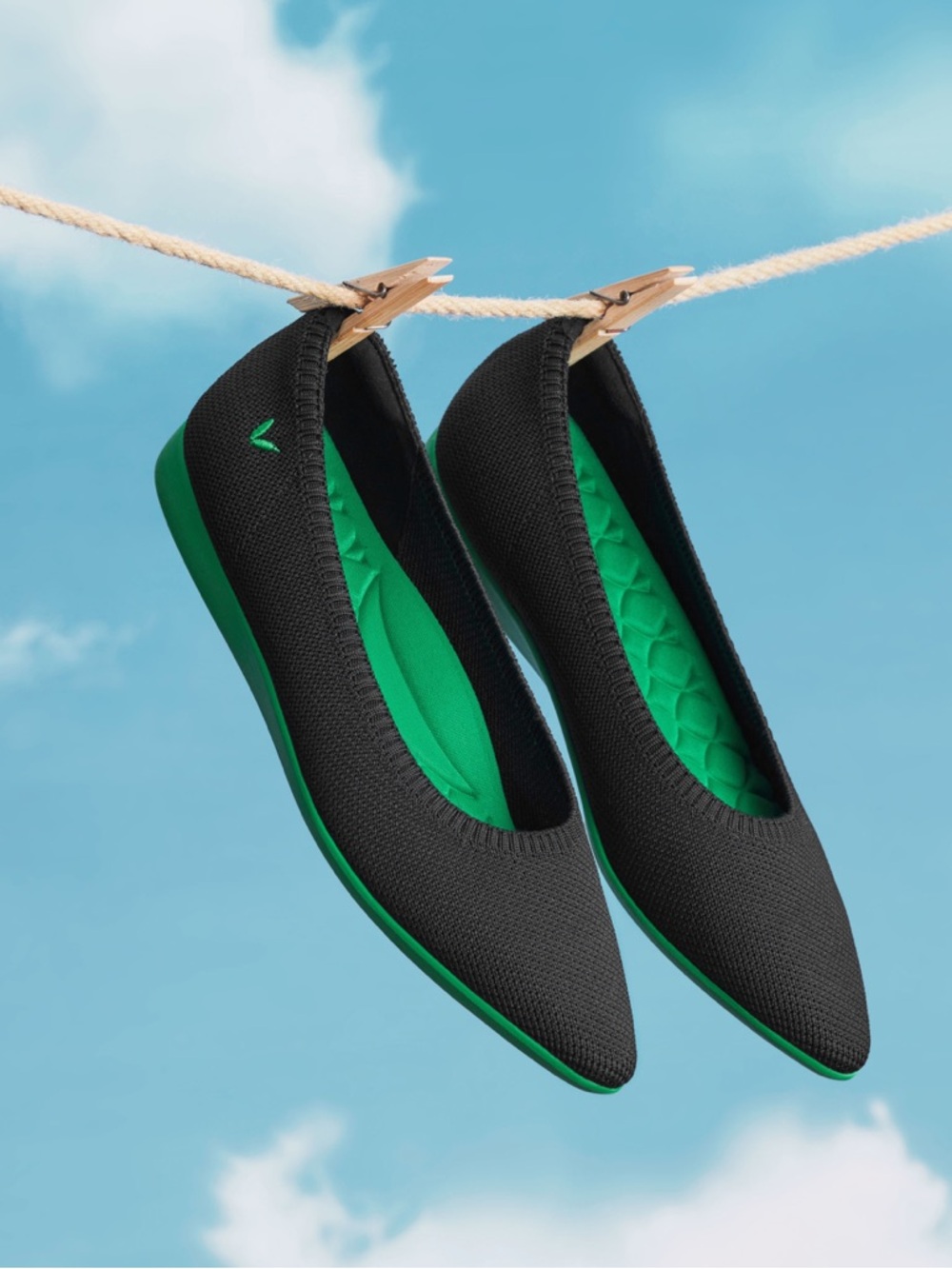 NEW Viviana Black Pointed Knit Ballet Flats with Green Sole - Picture 11 of 16